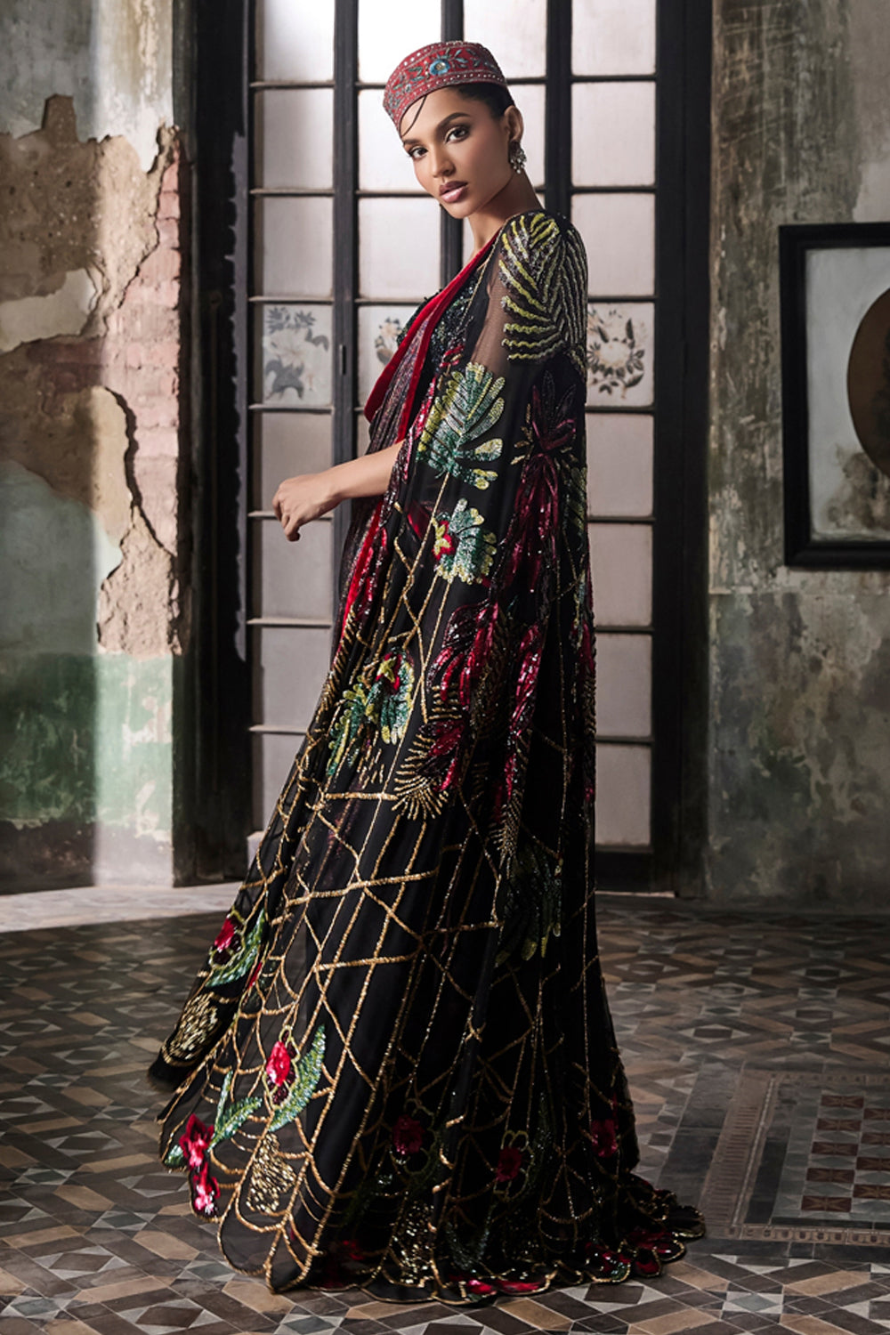 Black Foil Drape Saree With Hand Embroidered Cape And Blouse (Pre-stitched)