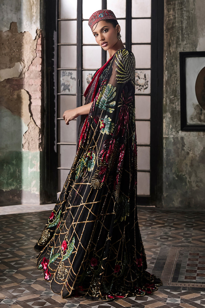 Black Foil Drape Saree With Hand Embroidered Cape And Blouse (Pre-stitched)