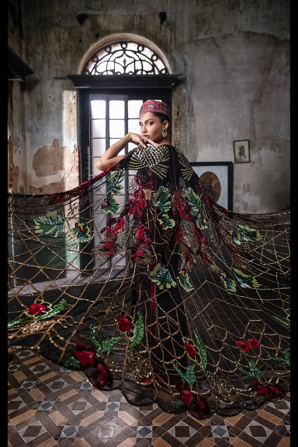 Black Foil Drape Saree With Hand Embroidered Cape And Blouse (Pre-stitched)