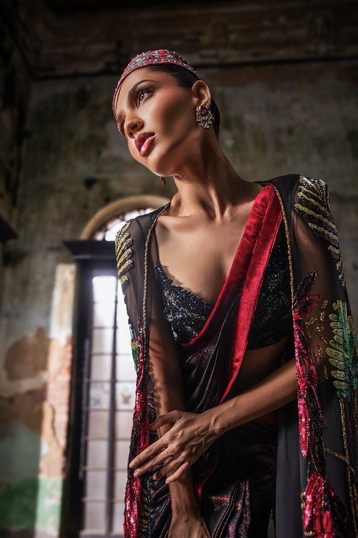 Black Foil Drape Saree With Hand Embroidered Cape And Blouse (Pre-stitched)