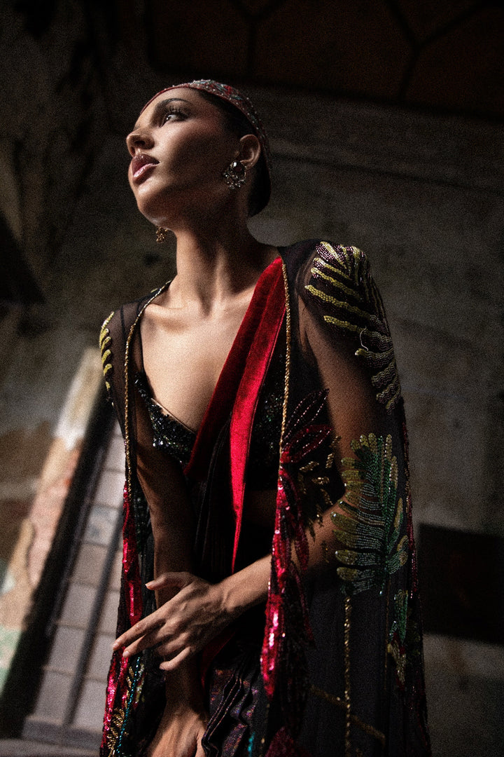 Black Foil Drape Saree With Hand Embroidered Cape And Blouse (Pre-stitched)