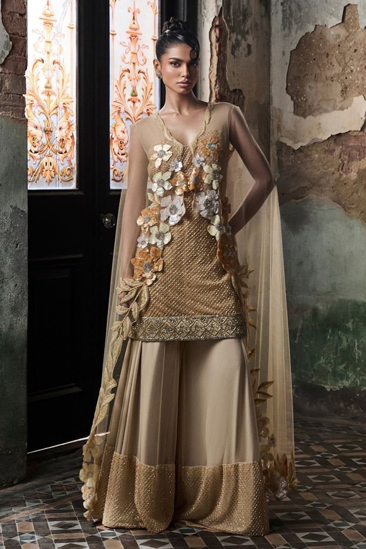 Beige Grid Work Sharara Set