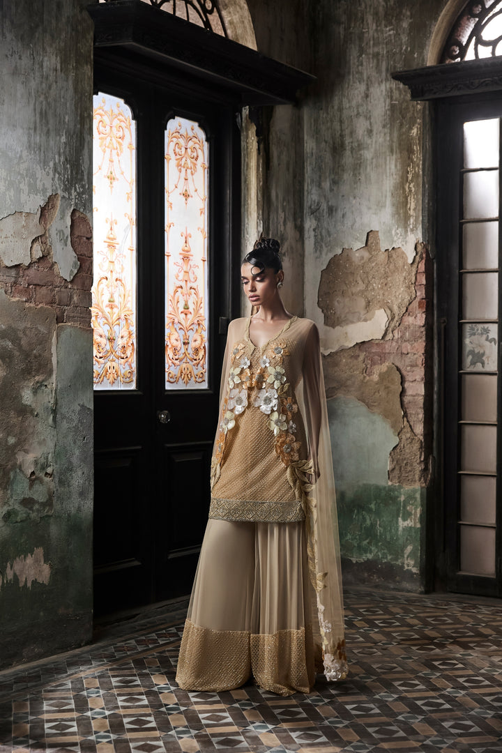 Beige Grid Work Sharara Set