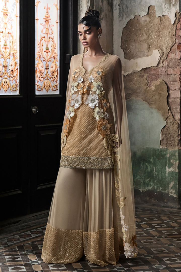 Beige Grid Work Sharara Set