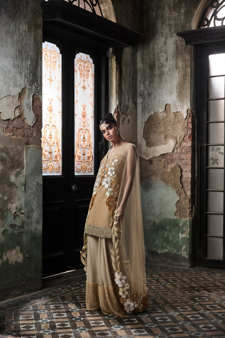 Beige Grid Work Sharara Set