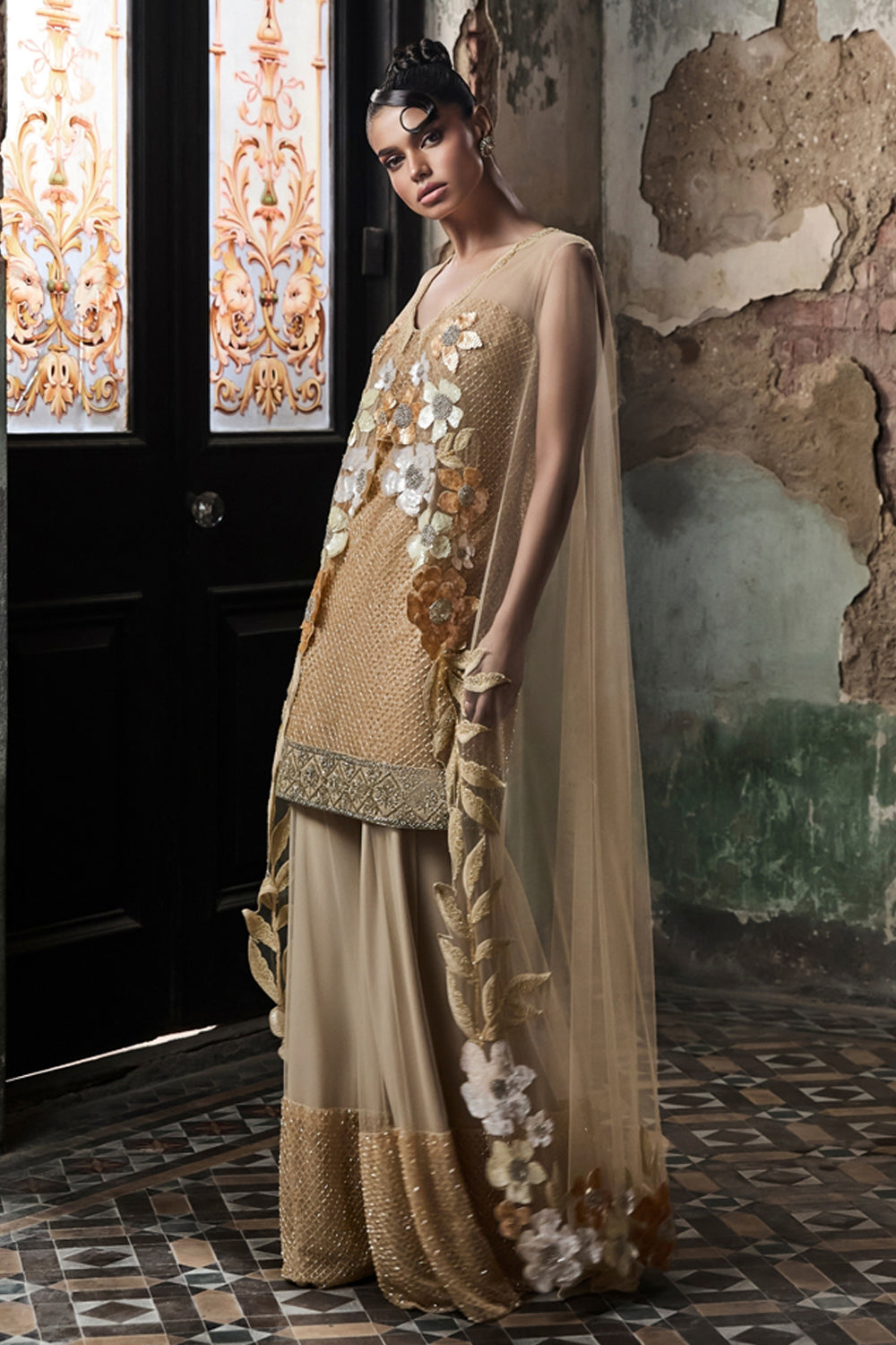 Beige Grid Work Sharara Set