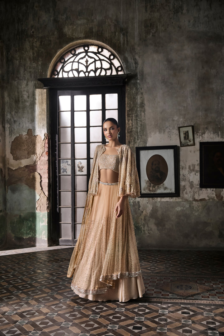 Light Peach Lehenga Set With Cape
