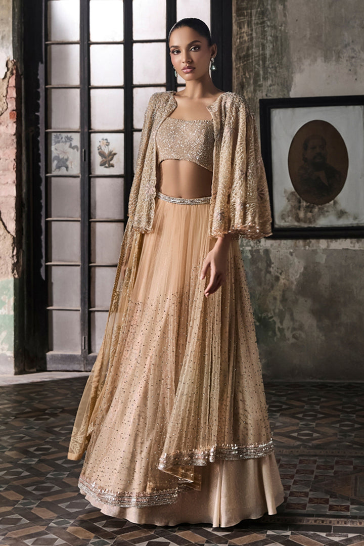Light Peach Lehenga Set With Embellished Cape
