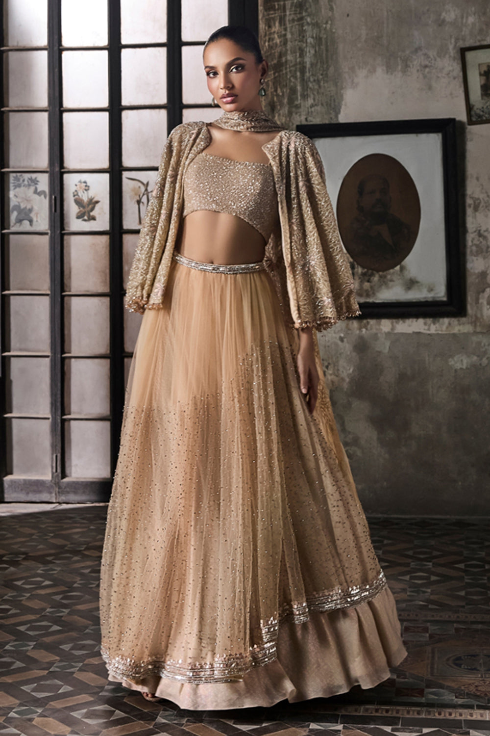 Light Peach Lehenga Set With Embellished Cape