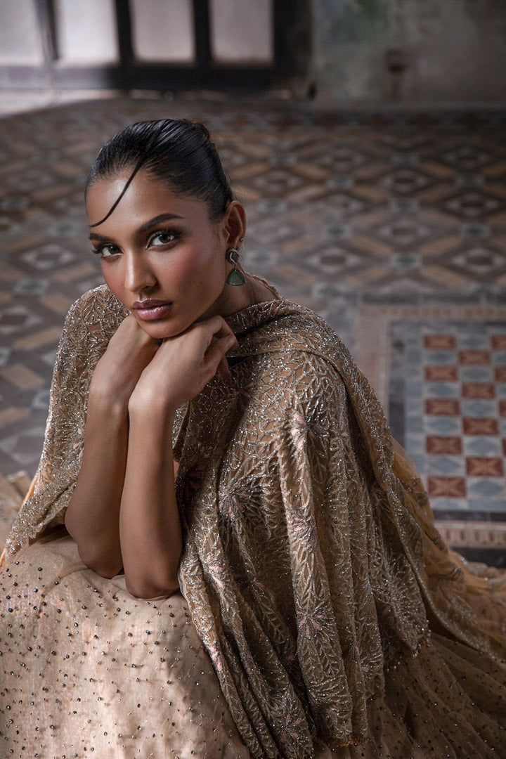 Light Peach Lehenga Set With Embellished Cape