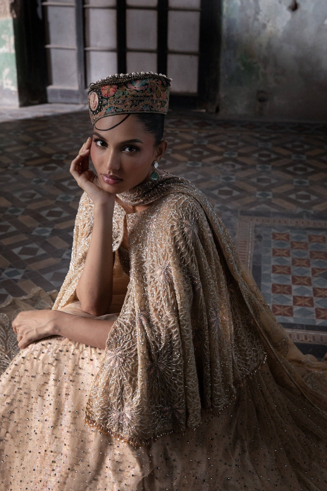 Light Peach Lehenga Set With Cape