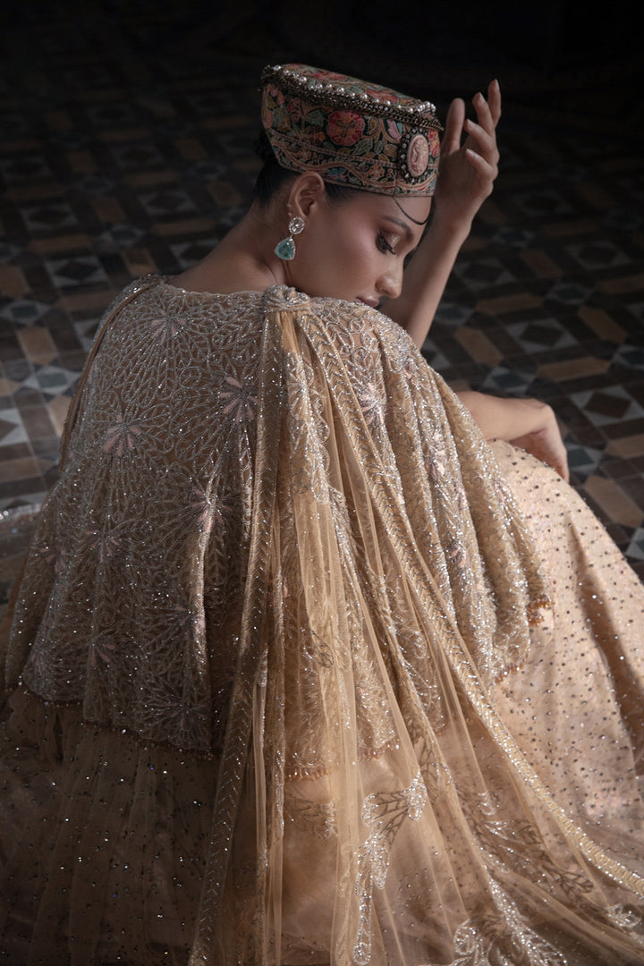 Light Peach Lehenga Set With Embellished Cape