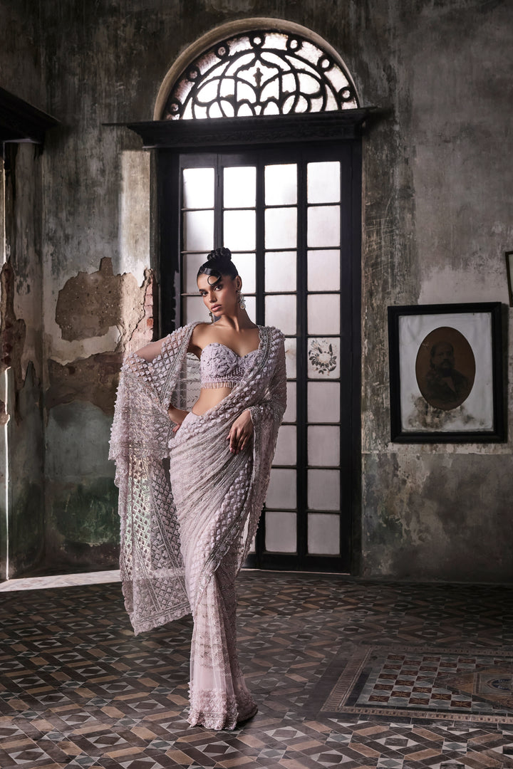 Lavender 3d Petal Saree With Hand Embroidered Blouse