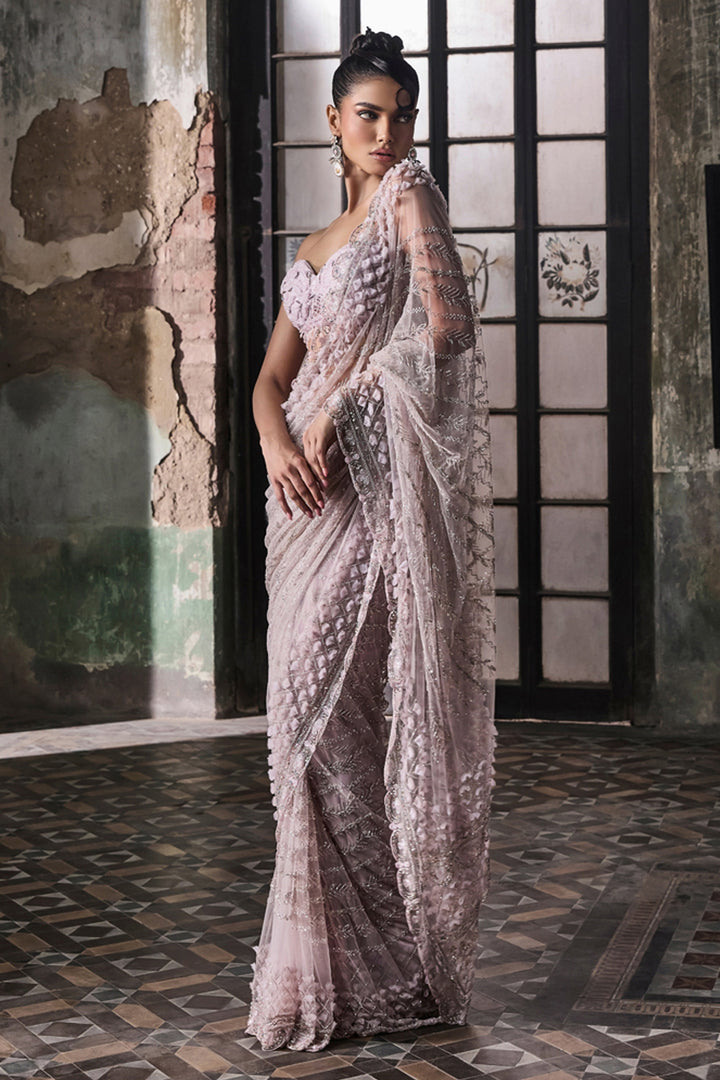 Lavender 3d Petal Saree With Hand Embroidered Blouse