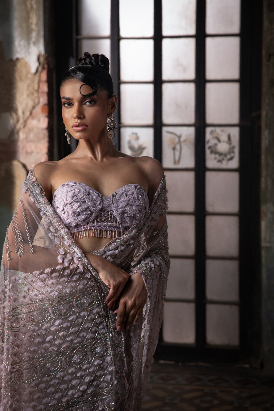 Lavender 3d Petal Saree With Hand Embroidered Blouse