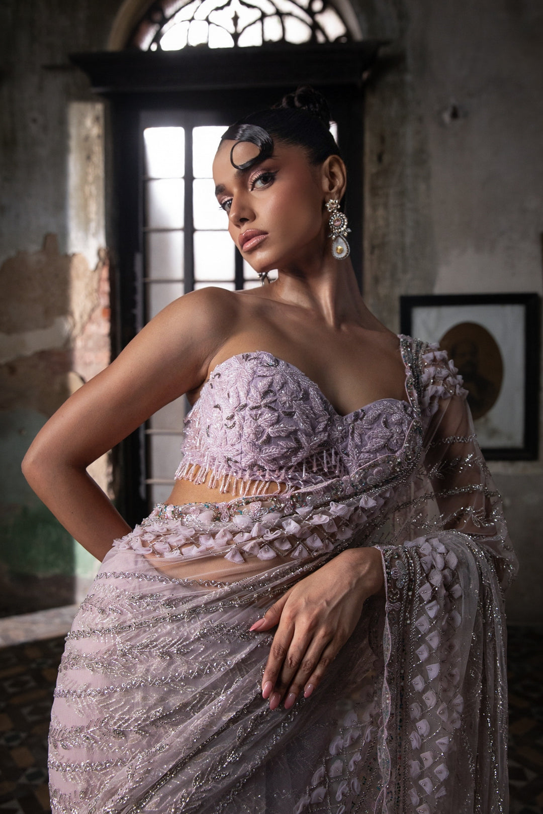 Lavender 3d Petal Saree With Hand Embroidered Blouse