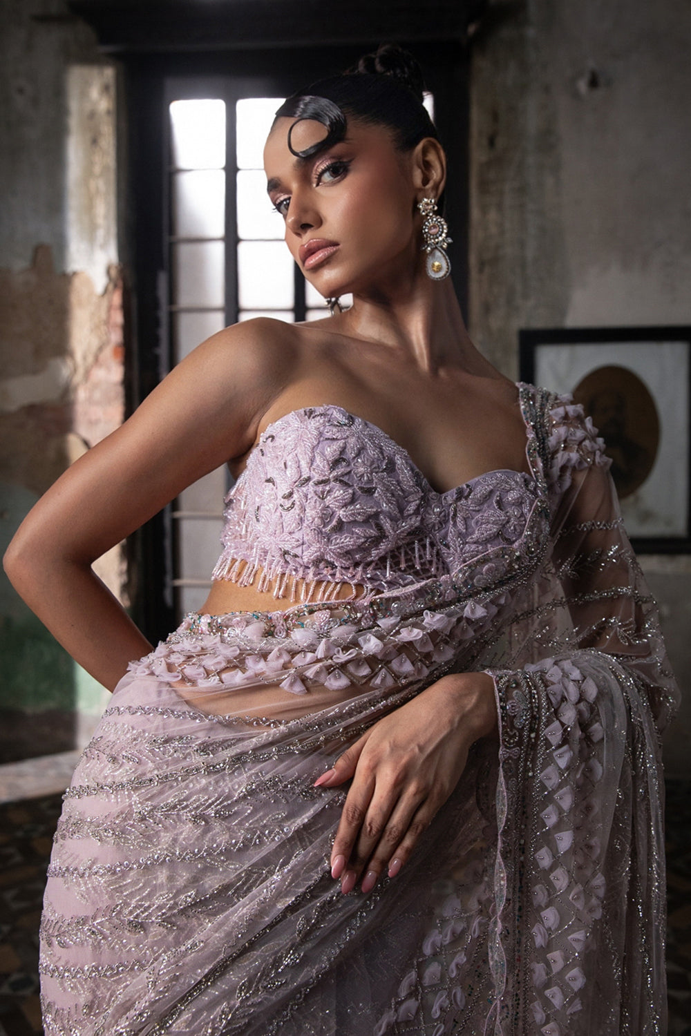 Lavender 3d Petal Saree With Hand Embroidered Blouse
