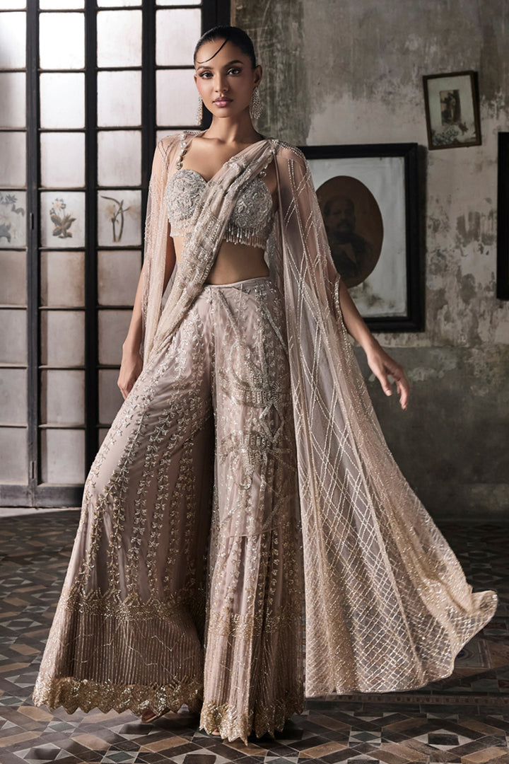 Old Rose Sharara Saree With Cape And Blouse