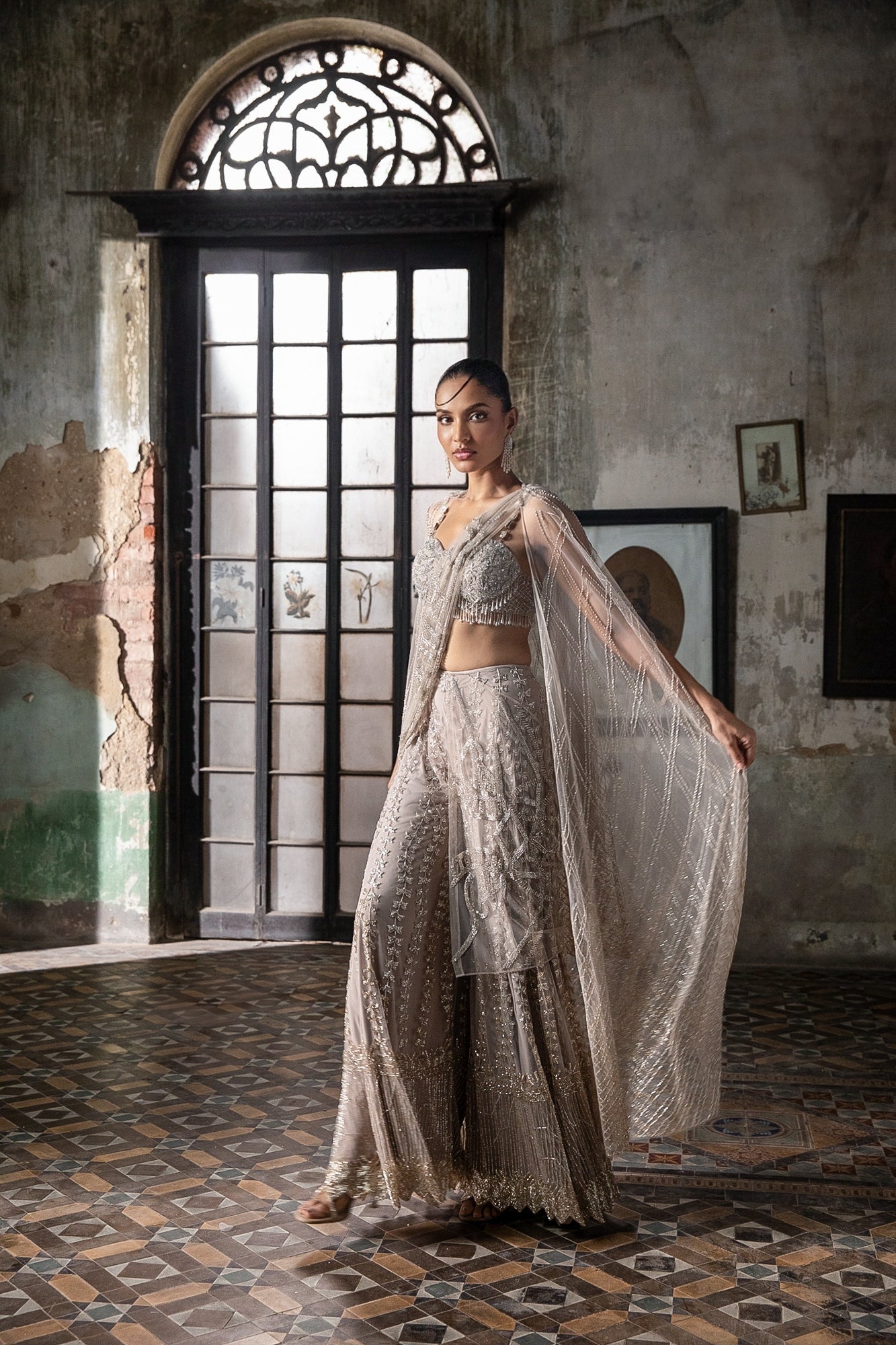 OLD ROSE SHARARA SARI WITH CAPE AND BLOUSE
