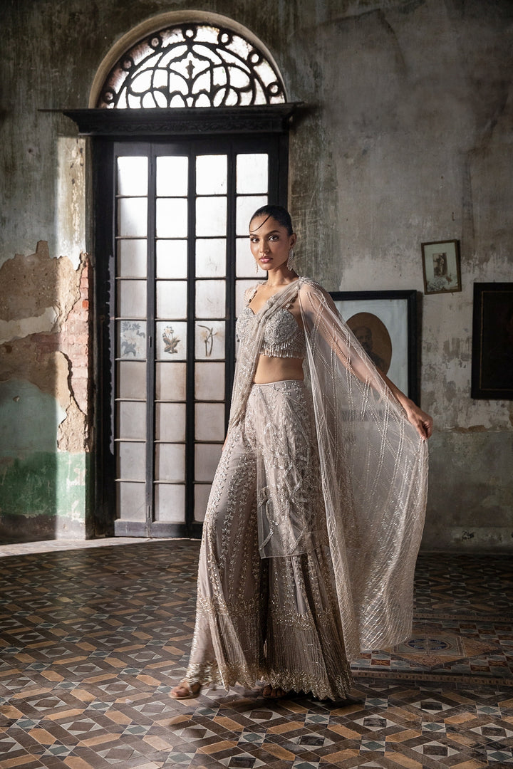 Old Rose Sharara Saree With Cape And Blouse