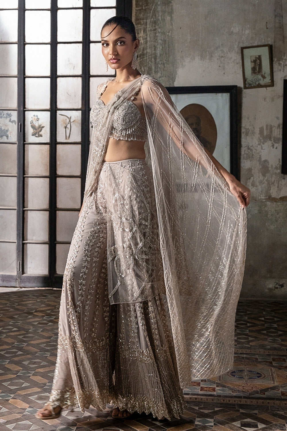 Old Rose Sharara Saree With Cape And Blouse