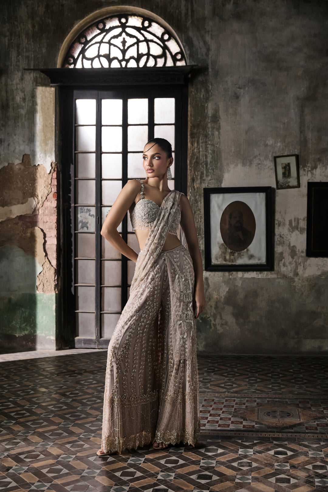 Old Rose Sharara Saree With Cape And Blouse