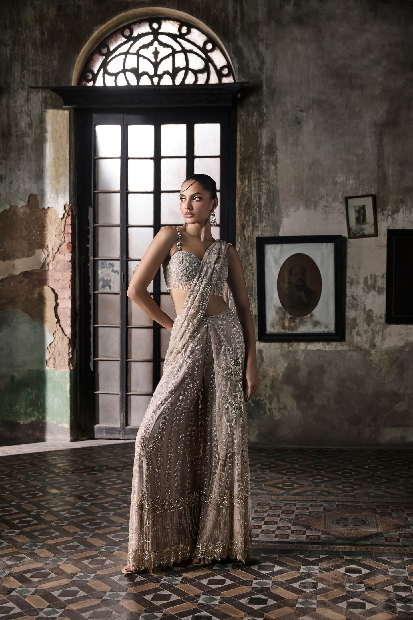 OLD ROSE SHARARA SARI WITH CAPE AND BLOUSE