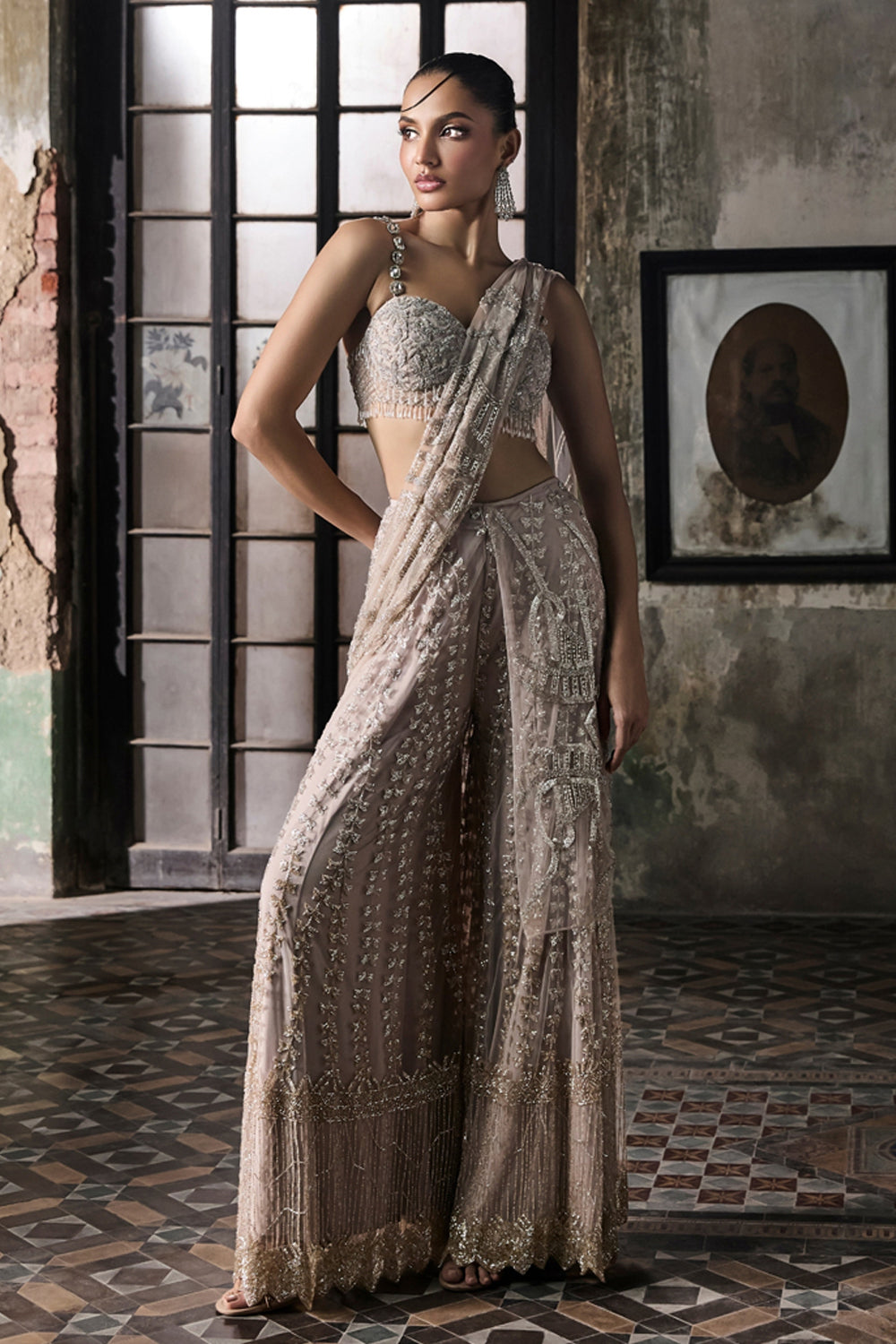 Old Rose Sharara Saree With Cape And Blouse