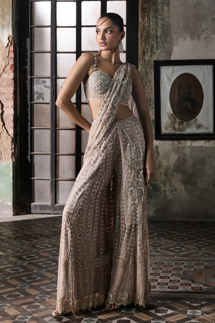 Old Rose Sharara Saree With Cape And Blouse