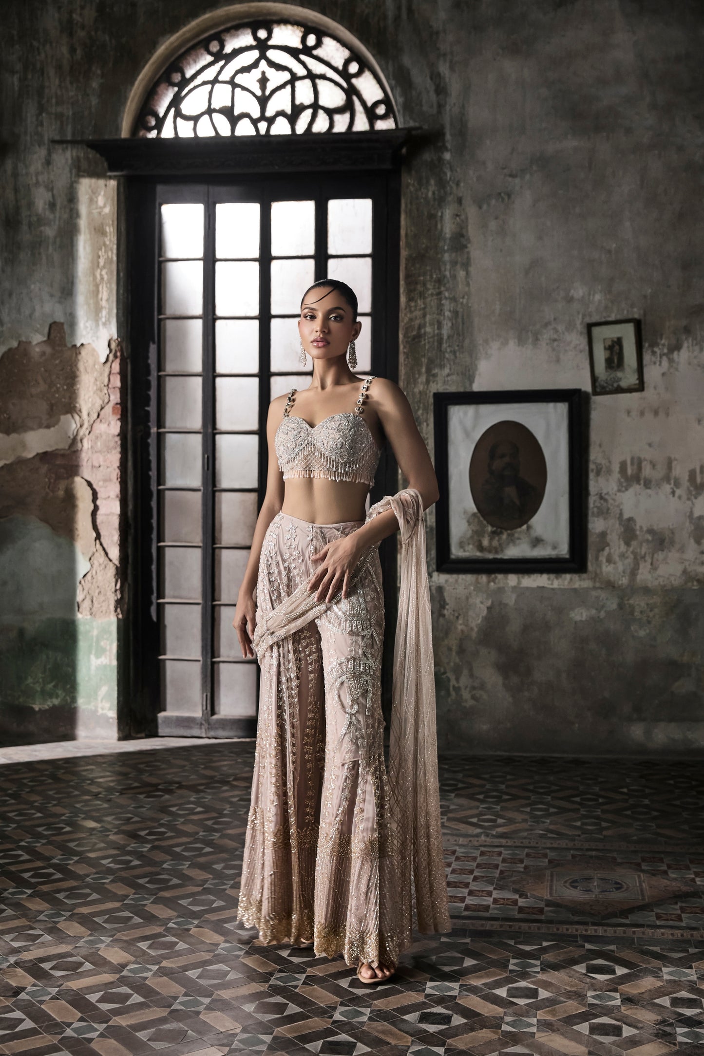 OLD ROSE SHARARA SARI WITH CAPE AND BLOUSE