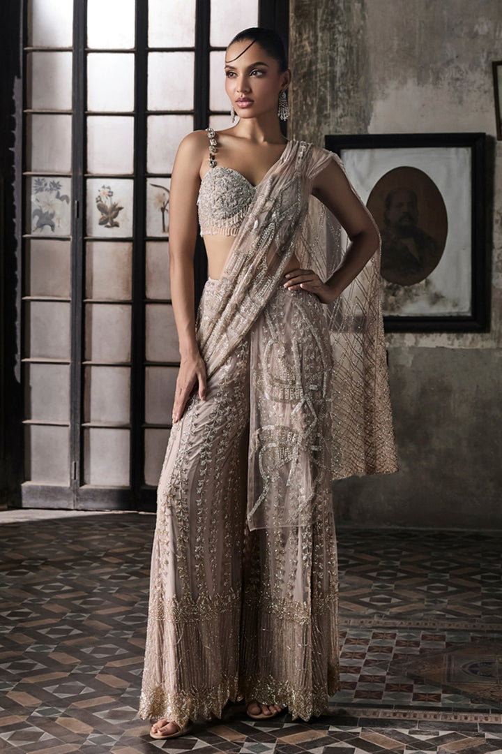Old Rose Sharara Saree With Cape And Blouse
