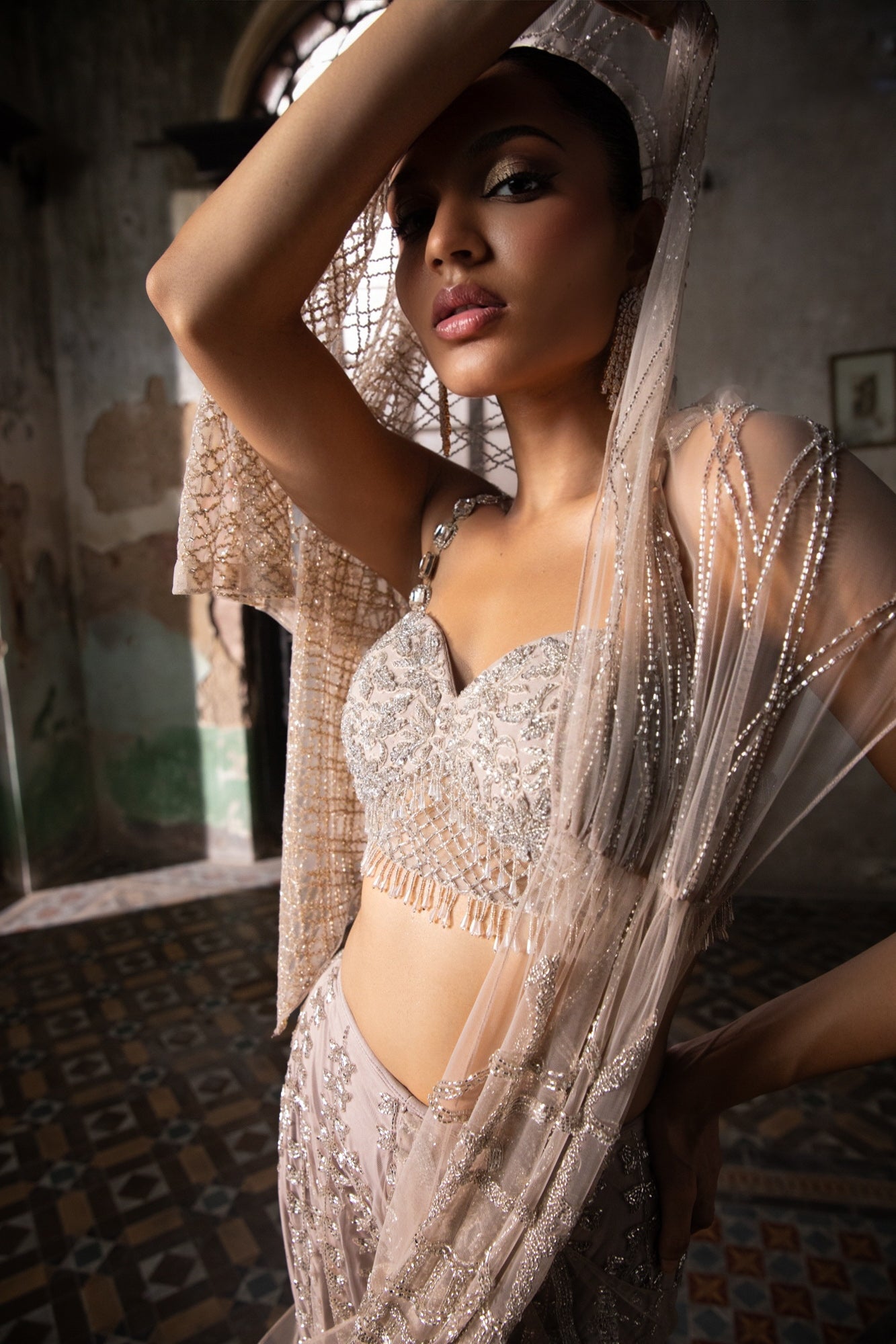 OLD ROSE SHARARA SARI WITH CAPE AND BLOUSE