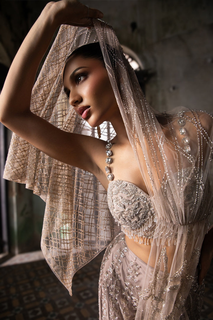 Old Rose Sharara Saree With Cape And Blouse