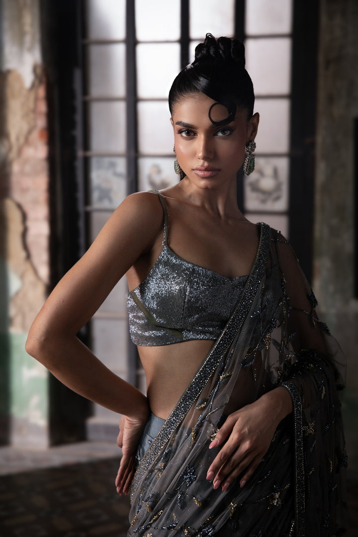 Slate Grey Hand Embroidered Tulle Saree With Beaded Blouse