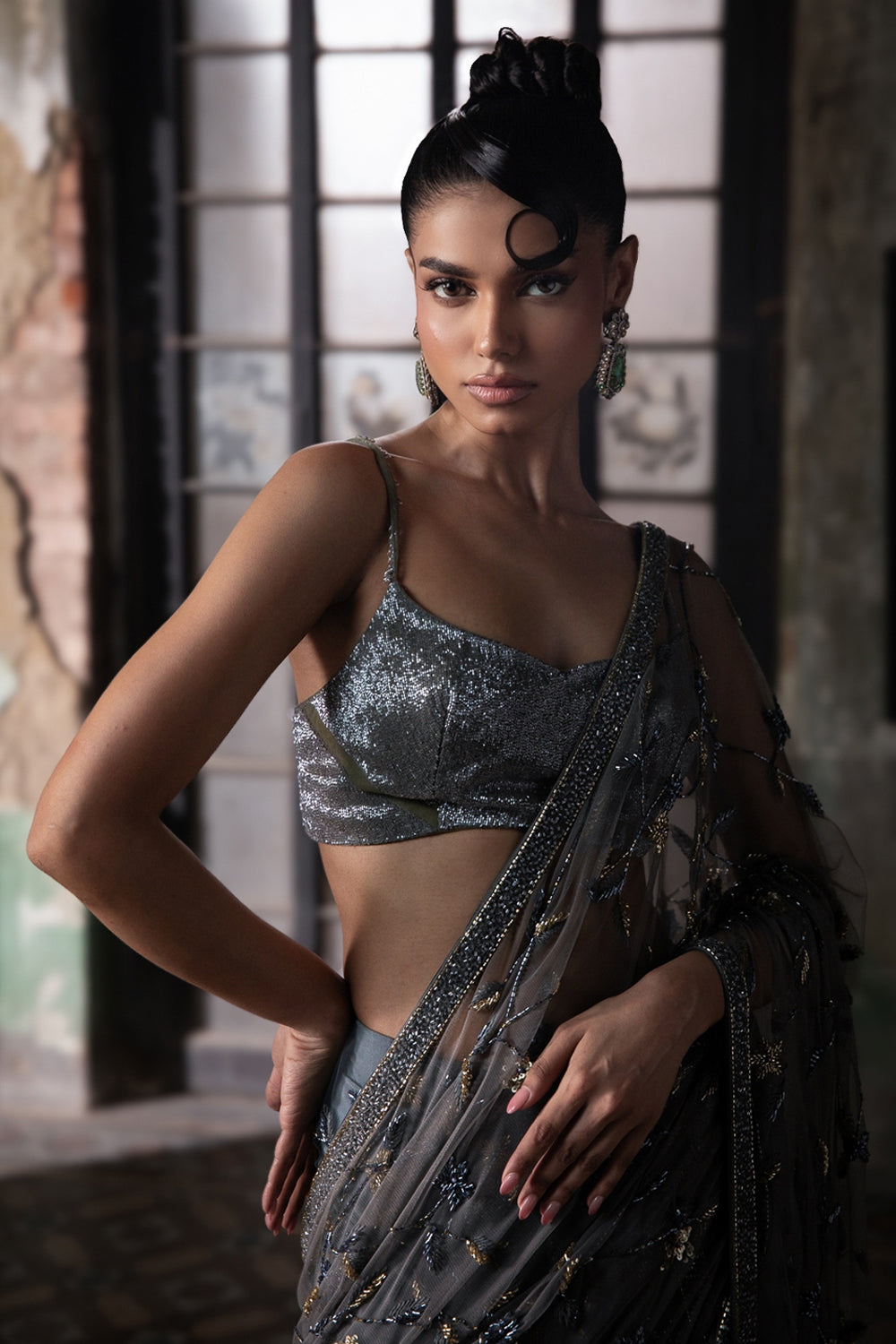 Slate Grey Hand Embroidered Tulle Saree With Beaded Blouse (Pre-stitched)
