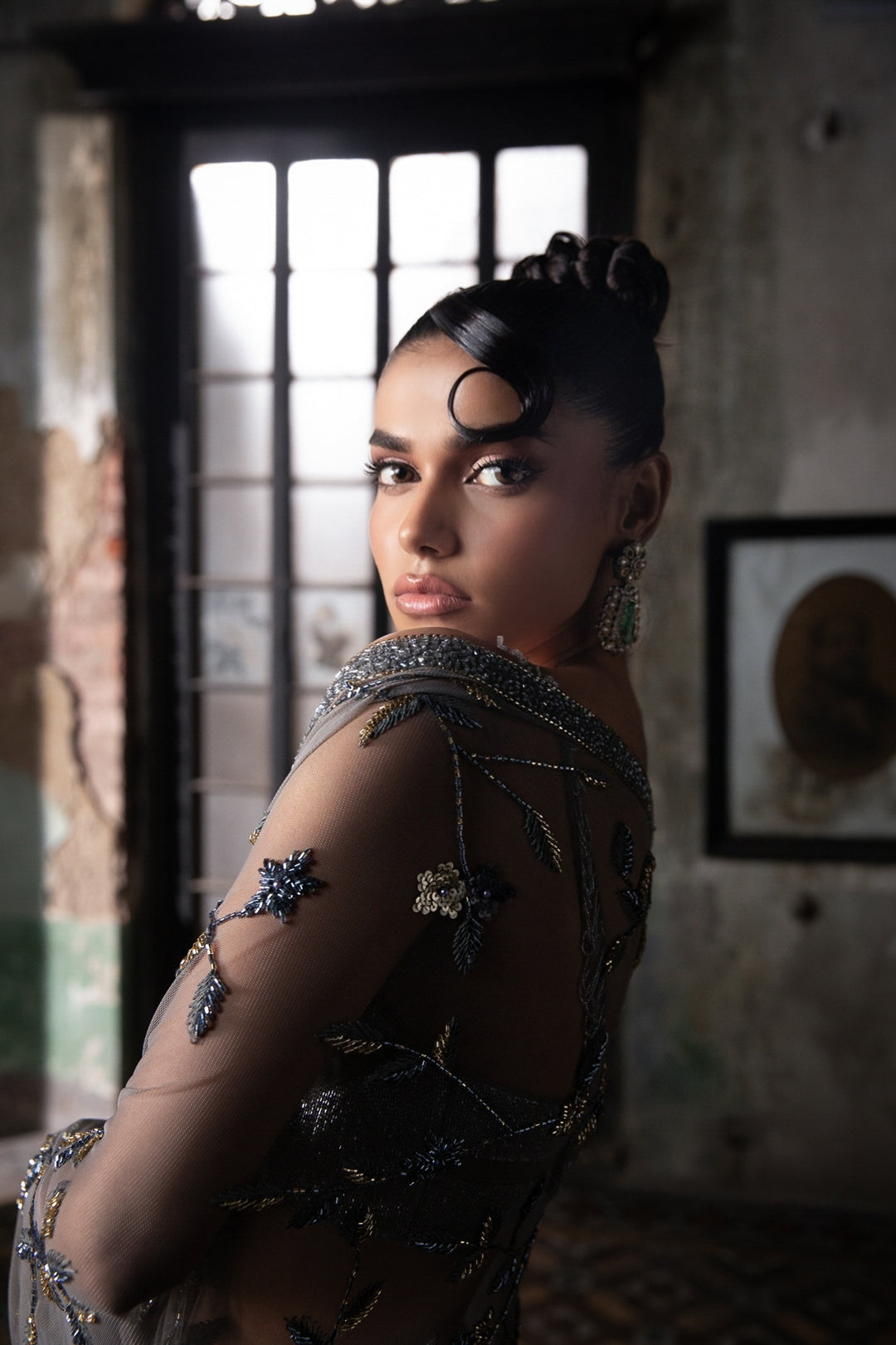 Slate Grey Hand Embroidered Tulle Saree With Beaded Blouse