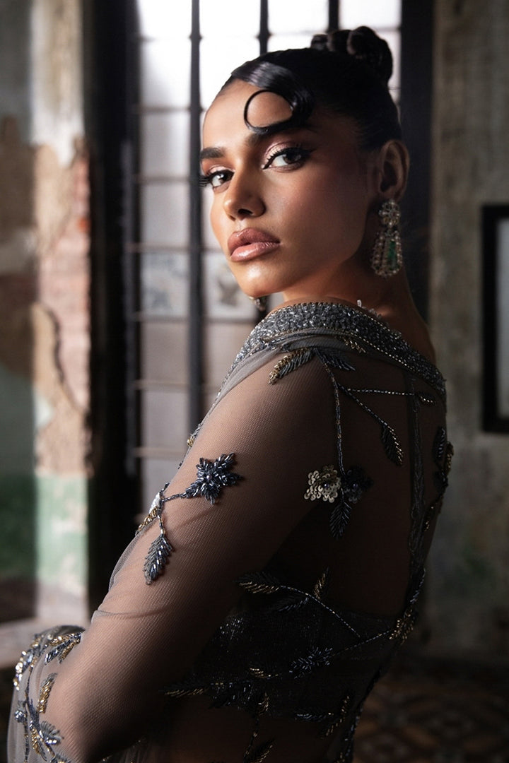 Slate Grey Hand Embroidered Tulle Saree With Beaded Blouse (Pre-stitched)
