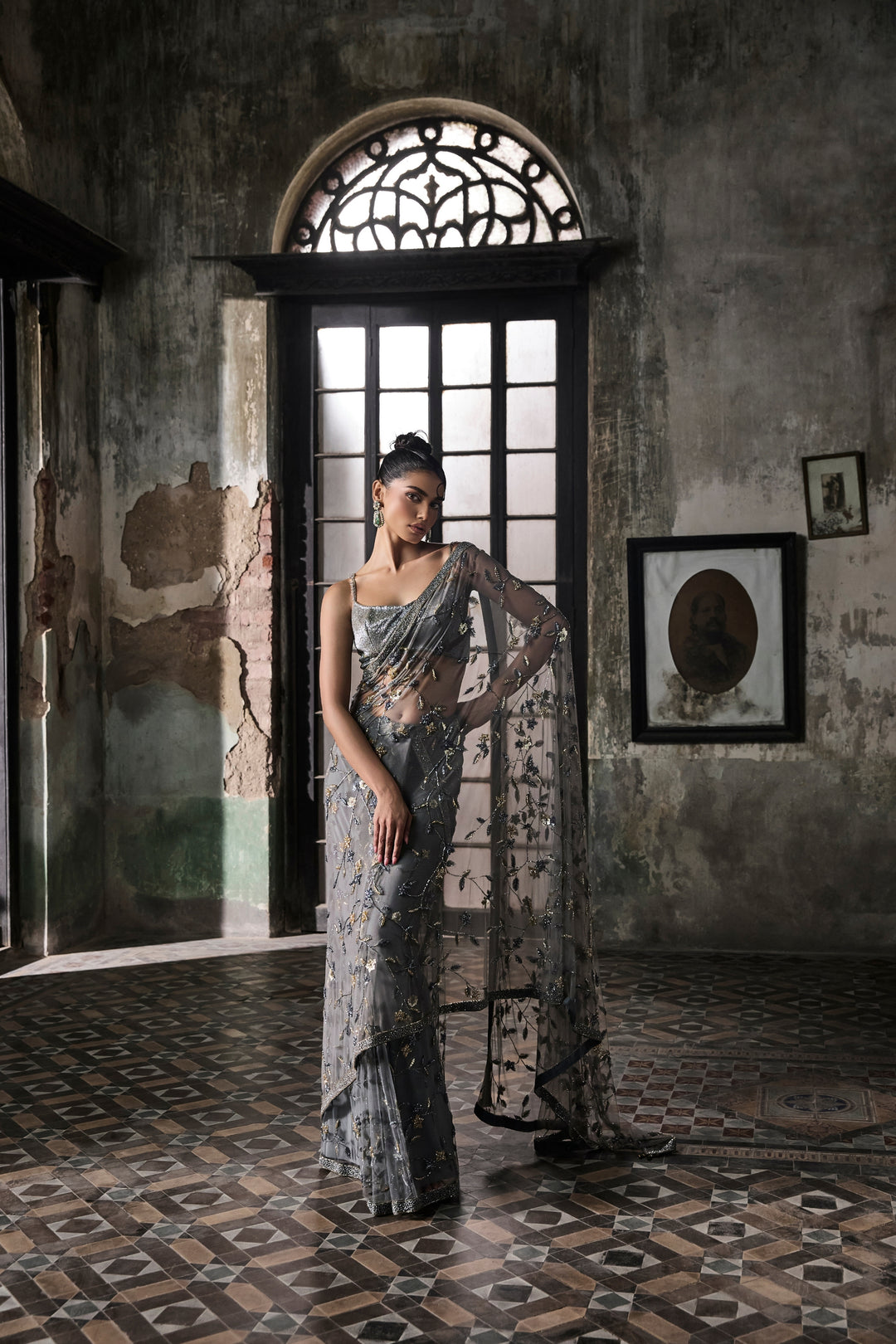 Slate Grey Hand Embroidered Tulle Saree With Beaded Blouse