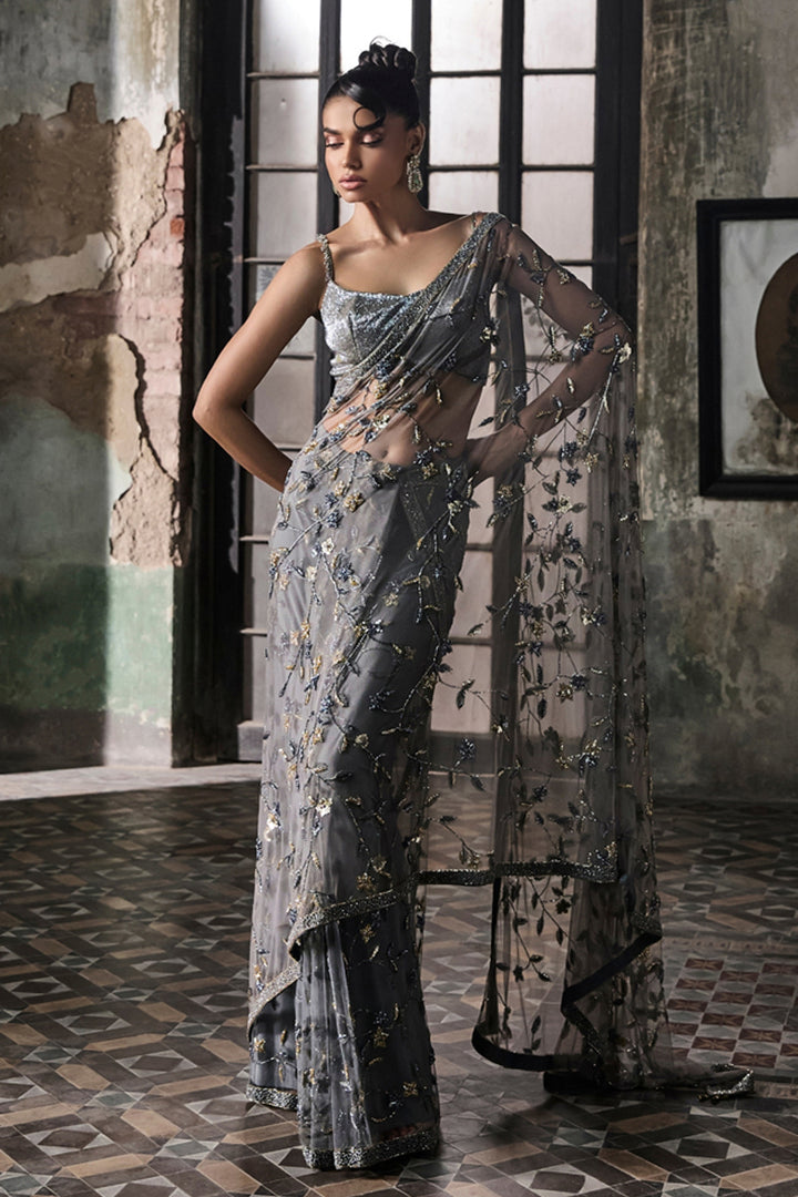 Slate Grey Hand Embroidered Tulle Saree With Beaded Blouse (Pre-stitched)