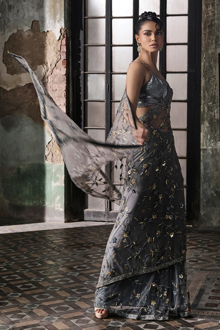 Slate Grey Hand Embroidered Tulle Saree With Beaded Blouse (Pre-stitched)