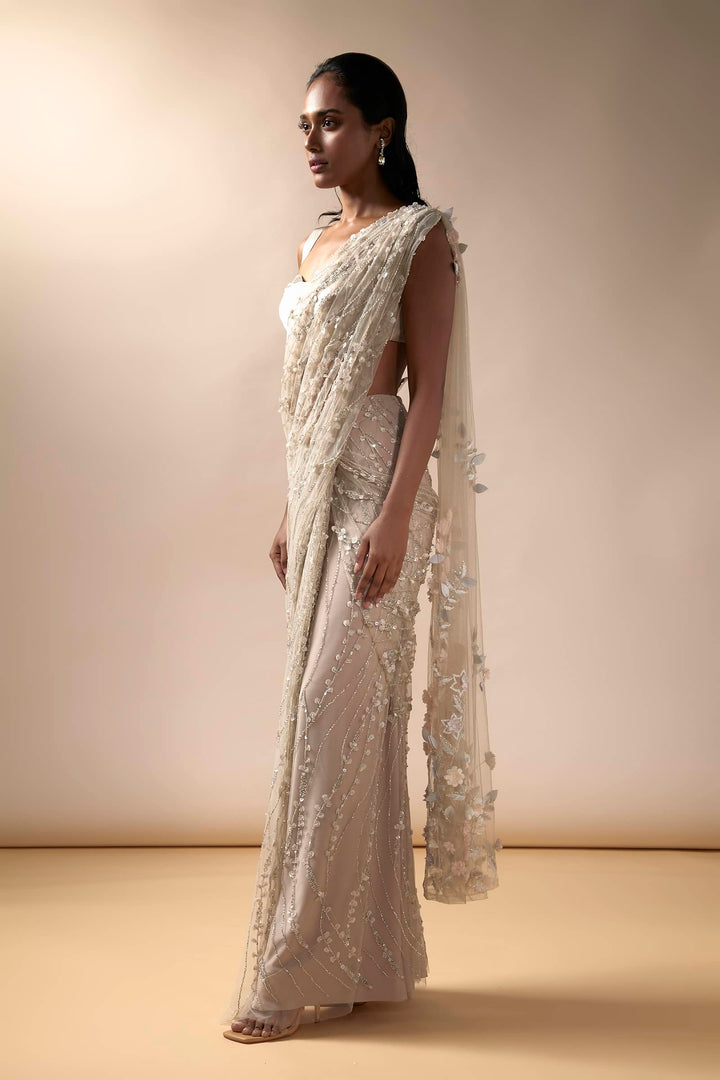 Sea Spray Saree With Stone Studded Satin Blouse (Nude)