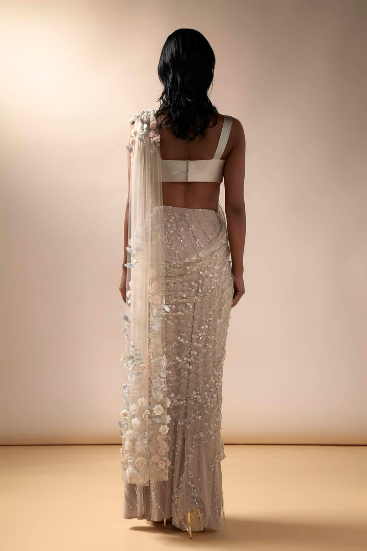 Sea Spray Saree With Stone Studded Satin Blouse (Nude)
