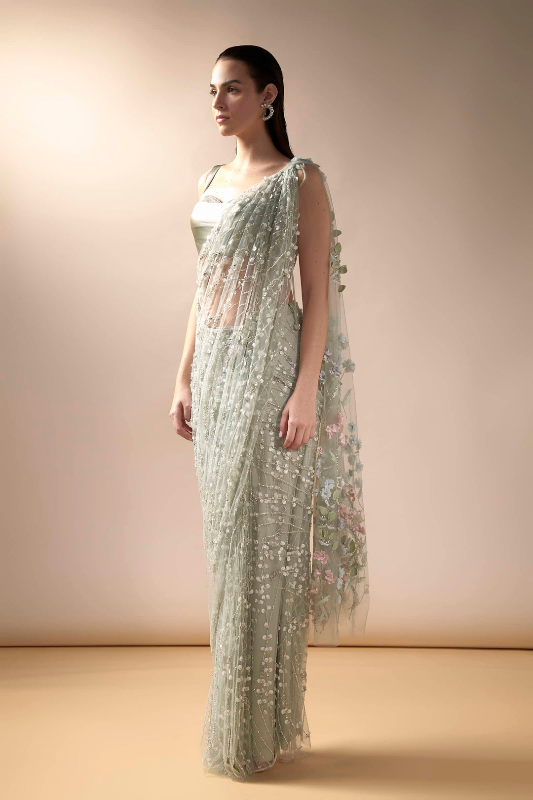 Sea Spray Saree With Stone Studded Satin Blouse (Mint)