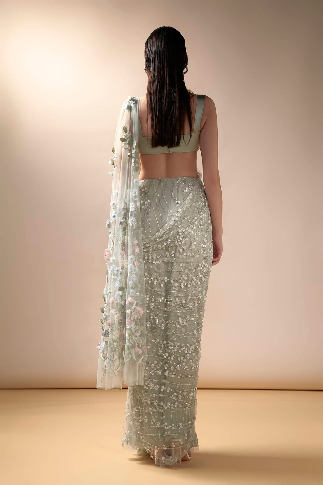 Sea Spray Saree With Stone Studded Satin Blouse (Mint)