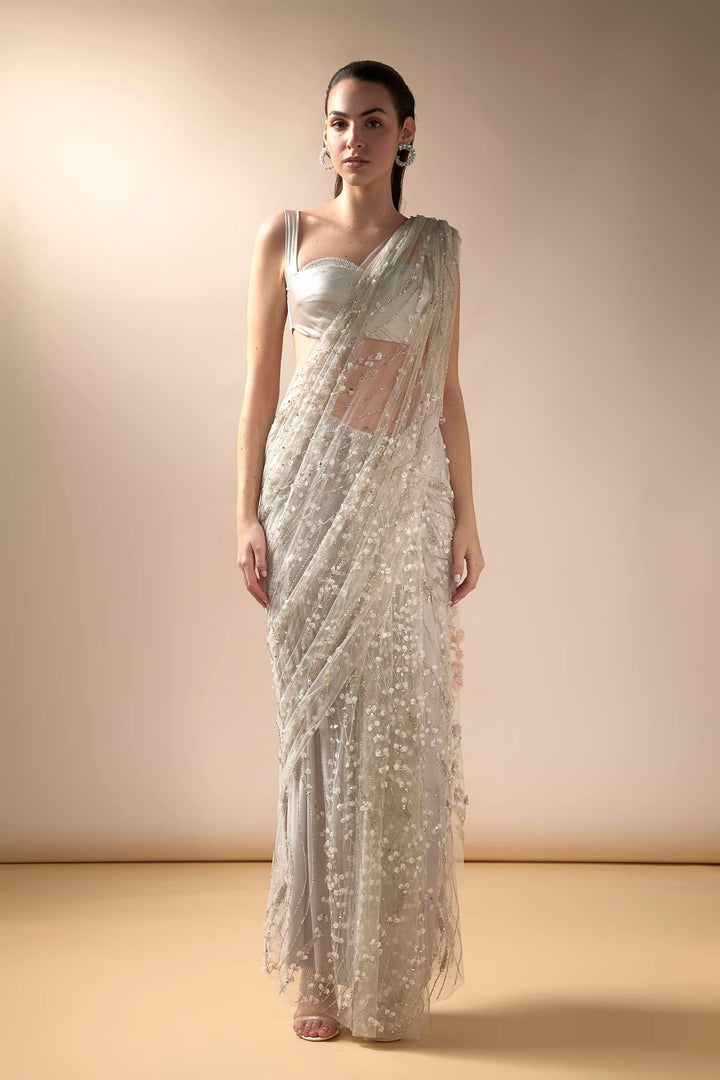 Sea Spray Saree With Stone Studded Satin Blouse (Ivory)