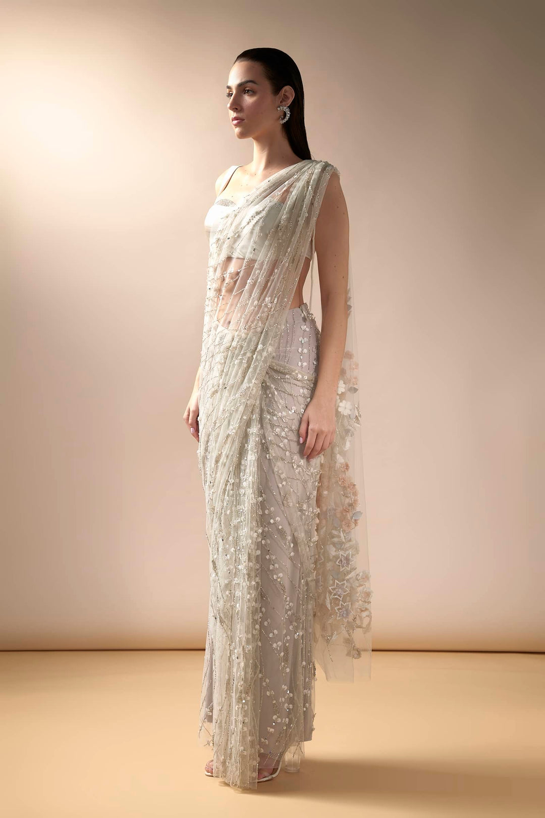 Sea Spray Saree With Stone Studded Satin Blouse (Ivory)