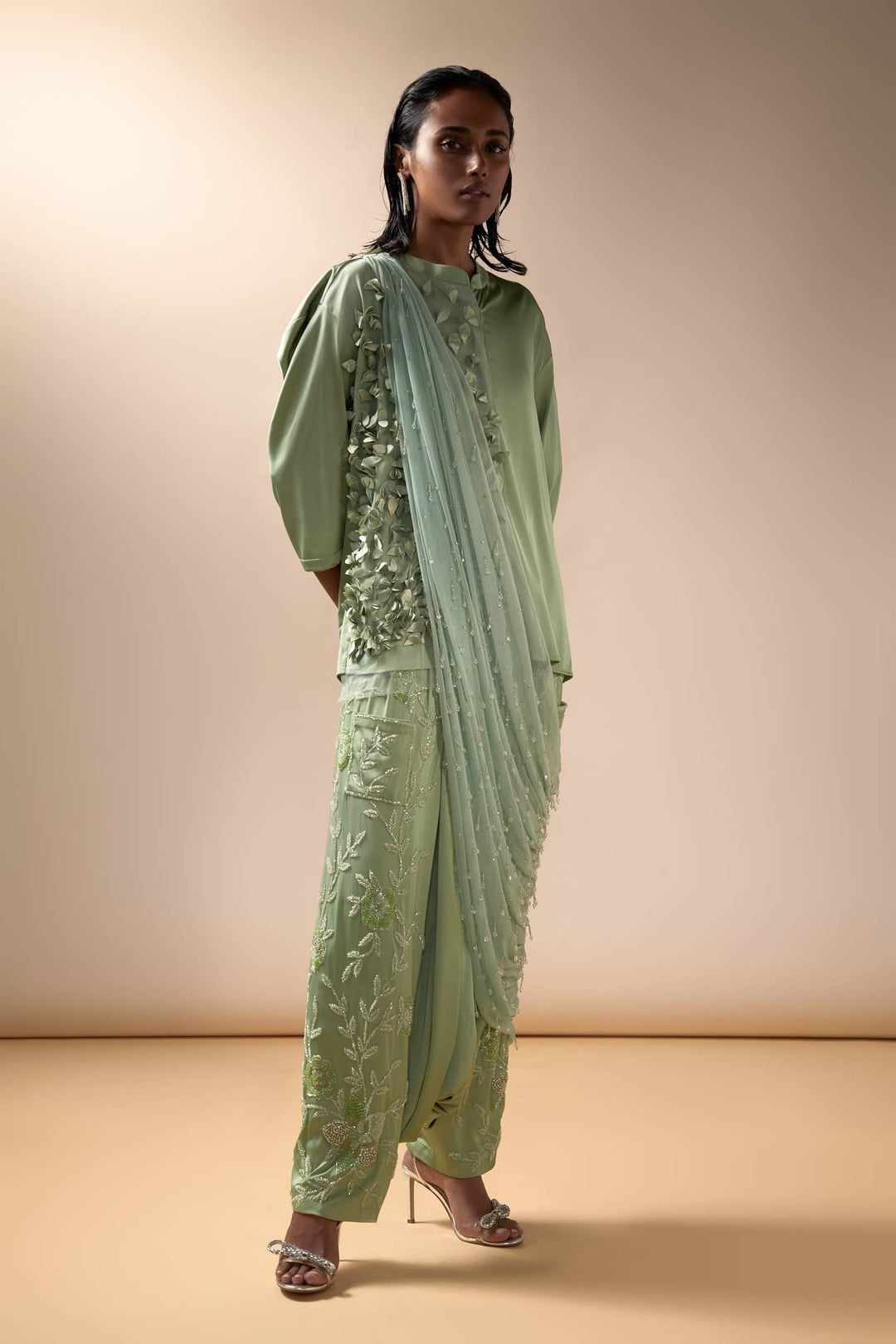 Satin Drop Crotch Pants Set With Crystal Embellished Chiffon Dupatta (Olive)