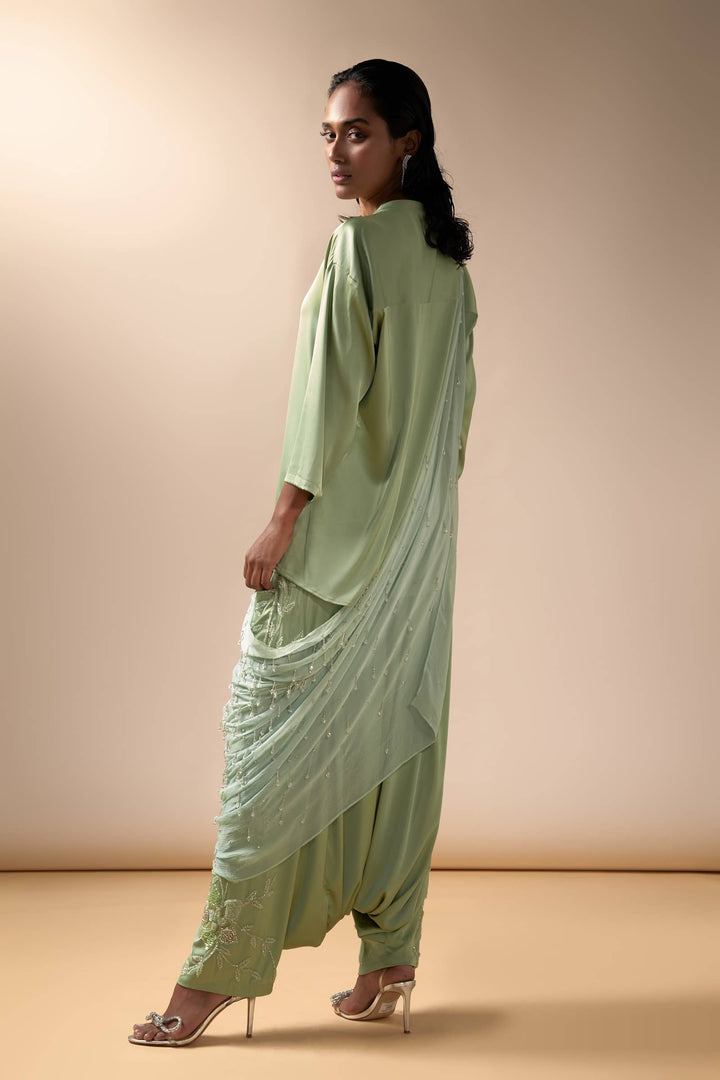 Satin Drop Crotch Pants Set With Crystal Embellished Chiffon Dupatta (Olive)