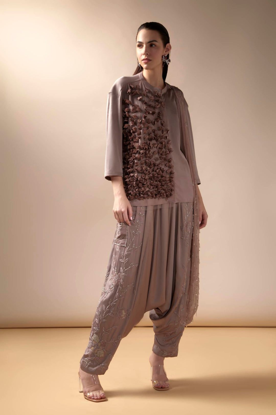 Satin Drop Crotch Pants Set With Crystal Embellished Chiffon Dupatta (Deep Crepe)