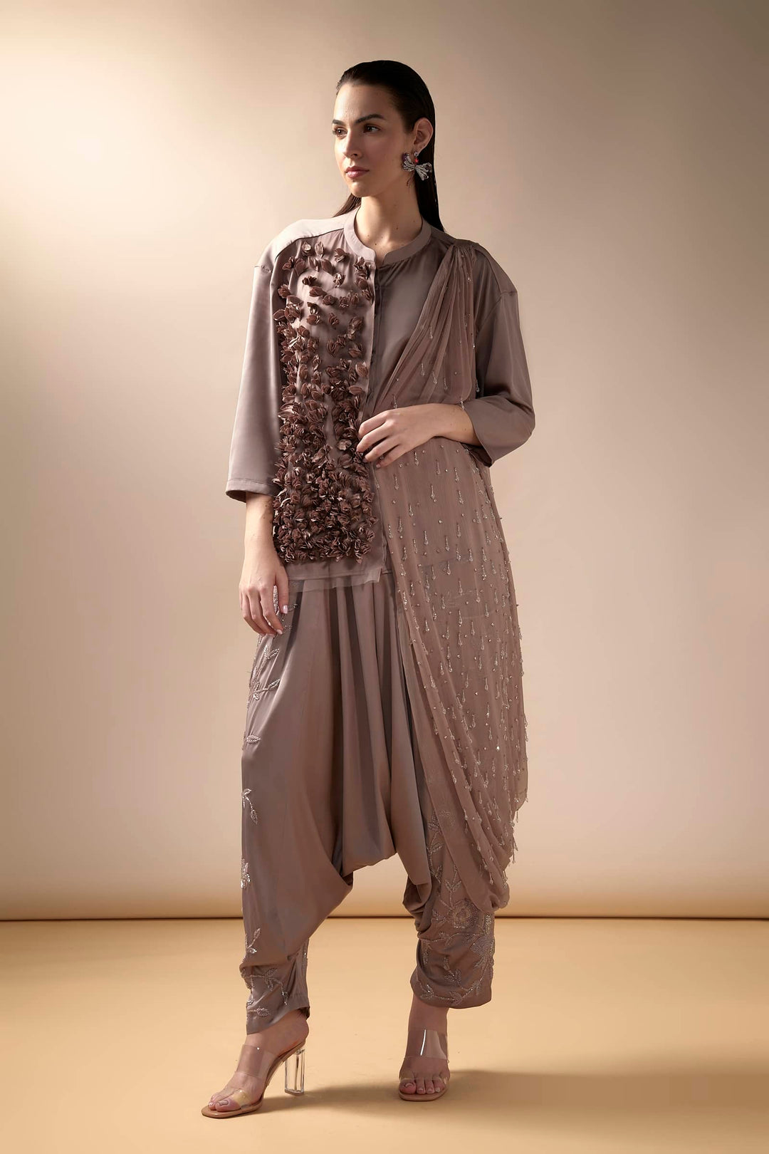 Satin Drop Crotch Pants Set With Crystal Embellished Chiffon Dupatta (Deep Crepe)